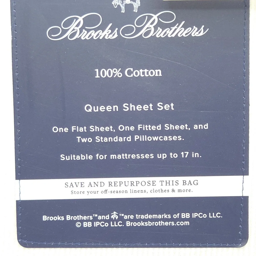 Brooks Brothers Striped Cotton Queen Sheet Set of 4pc White Blue‎